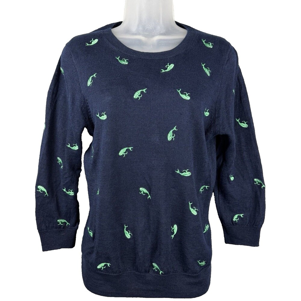 J. Crew Navy Linen Sweater Women's M Embroidered Green Whale Semi-Sheer Coastal